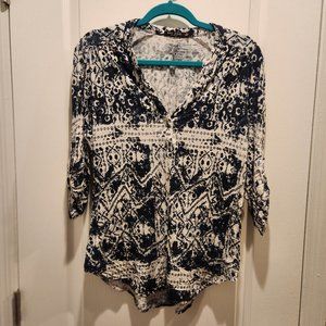Max Jeans Women's 3/4 Sleeve Navy Blue & White Pattern Shirt Size Large